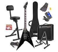 MAX GigKit Beginner Electric Guitar Starter Pack, Black V Shape with High-Power 40W Amp, Folding Musician Stool and Foldable Stand Included