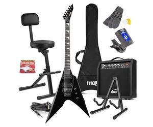 MAX GigKit Beginner Electric Guitar Starter Pack, Black V Shape with High-Power 40W Amp, Folding Musician Stool and Foldable Stand Included