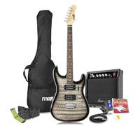 Max GigKit Beginner Electric Guitar Starter Pack with Quilted Top, 40W Amplifier, Accessories & Microfibre String Cleaner, Complete Kit for Aspiring Guitarists - Black High Gloss Finish
