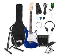 MAX GigKit Blue 3/4 Junior Electric Guitar Set with Amp, Foot Rest, & Universal Stand - Complete Beginner Guitar Kit for Kids, Play-Ready Pack with Stable Accessories, Soft Case, Strap & Tuner