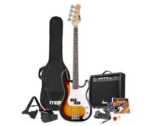 MAX Gigkit Electric Beginner Bass Guitar Pack in Sunburst Finish - Ideal Learner Bass Guitar Starter Pack with 15W Amplifier, Accessories, & 6 Months Lessons - Perfect for Beginners