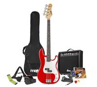 Max GigKit Electric Beginner Bass Guitar Pack with 40W Amp, Complete Starter Kit in Red, String Cleaner, All-In-One Solution for Aspiring Players, Accessories Included, Full Size, Easy to Use