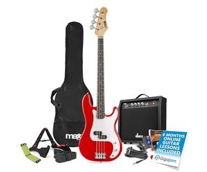 Max GigKit Electric Beginner Bass Guitar Pack with 40W Amp, Complete Starter Kit in Red, String Cleaner, All-In-One Solution for Aspiring Players, Accessories Included, Full Size, Easy to Use
