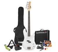 Max GigKit Electric Beginner Bass Guitar Pack with Reusable String Cleaner, Amplifier & Accessories - Full Size Starter Bass Kit for New Musicians, 40W Amp, Tuner, White Finish