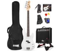 MAX GigKit Full-Size White Electric Bass Guitar Starter Pack - 4-String Bass Guitar with 15-40 W Amp, Gig Bag, Strap, Cable, Picks & Extras - Ideal Beginner Student Kit with 6 months Lessons