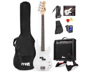 MAX GigKit Full-Size White Electric Bass Guitar Starter Pack - 4-String Bass Guitar with 15-40 W Amp, Gig Bag, Strap, Cable, Picks & Extras - Ideal Beginner Student Kit with 6 months Lessons