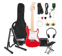 MAX GigKit Junior 1/4 Electric Guitar Kit with Practice Amp, Adjustable Foot Rest, Guitar Stand, Picks, Case & Accessories - Complete Starter Set for Kids and Beginners, Red