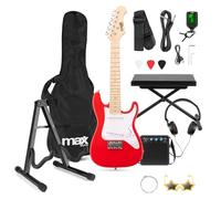 MAX GigKit Junior 1/4 Size Electric Guitar Package with Stool & Stand, Complete Beginner Kids Electric Guitar Kit, Red, Comfortable Bench, Universal Stand, Ideal for Young Learners and Starters