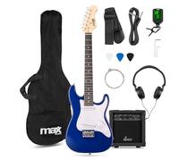 Max GigKit Junior Electric Guitar Starter Kit, Blue, 3/4 Size, 20W Amp | 21 frets, headphones, digital tuner, gig bag, strap, spare strings, ages 8-13
