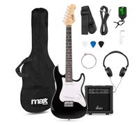Max GigKit Junior Electric Guitar Starter Pack, 3/4 Size, Black - Complete Beginner Kit for Kids 8-13, 20W Amp, Headphones, Case, Digital Tuner, Strap, Picks, Spare Strings