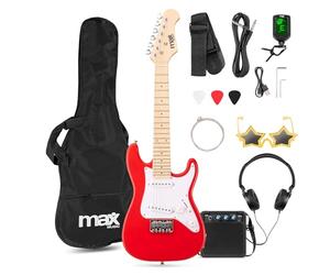 Max GigKit Junior Electric Guitar Starter Pack Red 1/4 Size - Complete Beginner Kit for Kids 4-7 Years, 21 Fret Guitar, 10W Amp, Accessories, Musical Instruments for Young Starters
