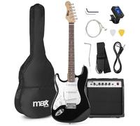 Max GigKit left handed beginner electric guitar starter kit with 40W amplifier, 21-fret black guitar, soft case, tuner, spare strings, strap, tremolo, picks, lead, tools