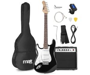 Max GigKit left handed beginner electric guitar starter kit with 40W amplifier, 21-fret black guitar, soft case, tuner, spare strings, strap, tremolo, picks, lead, tools