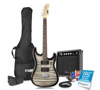 Max GigKit Beginner Electric Guitar Starter Kit with Quilt Top Finish, 40W Amplifier, Dual HH Humbuckers, 22 Frets, Tremolo Arm & Accessories - Gloss Black