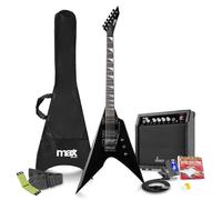 Max GigKit V Style Beginner Electric Guitar Pack, Full Size V Guitar & 40W Amplifier with Cleaner - Complete Starter Kit, Gloss Black, Headphone Jack, Microfibre String Tool, Accessories Included