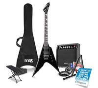 Max Gigkit V-Style Beginner Electric Guitar Package, Amp, Foot Rest, Stand | Ergonomic V-shaped body, sturdy strap and picks, gig bag included, humbucking pickups, 6-Month Lessons