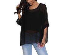 Max Hsuan Women's Bohemian Style Batwing Sleeve Butterfly Printed Chiffon Kaftan Poncho Tunic Top Beach Loose Shirt Plain Black