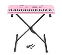 MAX KD54P pink portable electronic music keyboard set with folding stand, 54 full-size keys, built-in rechargeable battery for up to 8 hours, duo speaker system, and wired microphone