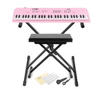 MAX KD54P pink portable music keyboard bundle with bench, folding stand, and removable note stickers for beginners, 54 keys, rechargeable battery, USB-C, complete kit for children or learners