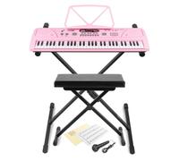 MAX KD61P 61-Key Pink Portable Electric Keyboard for Kids with Microphone, Adjustable X-Frame Keyboard Stand & Foldable Bench, Childrens Electronic Piano Bundle, Beginners and Family Use