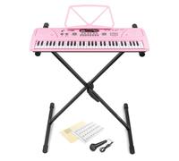 MAX KD61P 61 Key Pink Portable Electric Keyboard for Kids with Microphone and Transparent Piano Key Stickers, Beginner Electronic Keyboard Kit, Learn to Play Music, Childrens Musical Instrument Set