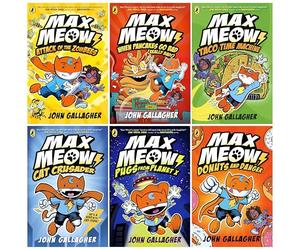 Max Meow Series By John Gallagher Graphic Novels 6 Books Collection (Cat Crusader, Donuts and Danger, Pugs from Planet X, Taco Time Machine, Attack of the ZomBEES & When Pancakes Go Bad, Really Bad)