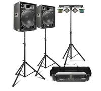 MAX PA DJ System with 2x 15” Passive Speakers, 2000W Amplifier, PartyBar2 Lighting Bar, Stands & Cables - Complete Mobile DJ Setup for Events, Parties & Karaoke