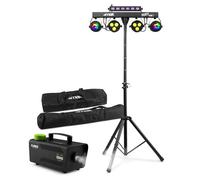 Max Partybar10 DJ Disco Light Package with F500S Fog Machine & Case, PAR Lights, Jelly Moon, UV/Strobe, DMX Control, Tripod Stand, Remote, and Carry Bags for Parties & Events - dj Light bar