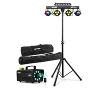Max Partybar10 DJ Light Bar Disco Light Package with 2 PAR Lights, Jelly Moon, UV/Strobe, F509L Fog Machine & Carry Case - DMX, Sound-to-Light, Stand, RGB LEDs for Parties, DJ Events