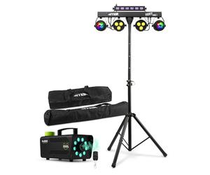 Max Partybar10 DJ Light Bar Disco Light Package with 2 PAR Lights, Jelly Moon, UV/Strobe, F509L Fog Machine & Carry Case - DMX, Sound-to-Light, Stand, RGB LEDs for Parties, DJ Events