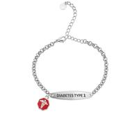 Max Petals Medical Alert ID Bracelet for Diabetes Type 1 or Type 2, Stainless Steel Rolo Chain, Silver with Red Charm, 6-8 Inch Length, Pre-engraved, 6-8 Inches Adjustable, Stainless Steel, no