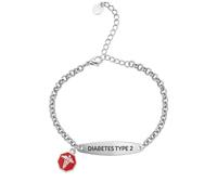 Max Petals Medical Alert ID Bracelet for Diabetes Type 1 or Type 2, Stainless Steel Rolo Chain, Silver with Red Charm, 6-8 Inch Length, Pre-engraved, 6-8 Inches Adjustable, Stainless Steel, no