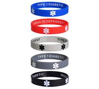 Max Petals Type 1 Diabetic Insulin Dependent Medical Alert ID Privacy Enhanced Silicone Bracelets Wristbands 5 Pack, Adult, Rubber