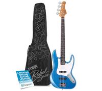 MAX Rebel JB Metallic Blue Electric Bass Guitar with Gig Bag | Roasted maple neck, dual single-coil pickups, 20 frets, bolt-on, poplar body