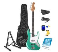 MAX Rebel JB Metallic Green Bass Guitar Bundle, Gig Bag, Tuner, Stand | Roasted maple neck, dual single-coils, 20 frets, bolt-on, strap, 3m cable, string cleaner