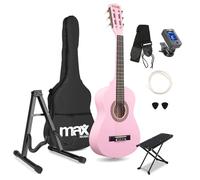 MAX SoloArt 1/4 Size Junior Pink Acoustic Guitar Bundle with Foot Rest & Stand, Soft Bag, Digital Tuner & Picks - Complete Child Beginner Practice Kit, Soft Nylon Strings
