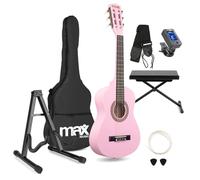 MAX SoloArt Junior 1/4 Acoustic Guitar Starter Set for Kids - Pink Classical Guitar with Nylon Strings, Stool & Foldable Stand - Complete Beginner Practice Kit with Tuner, Picks, Bag & Accessories