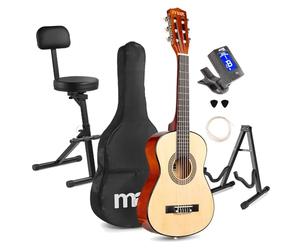 Max SoloArt Junior 1/4 Size Beginner Acoustic Guitar Natural with Folding Musician Stool, Guitar Stand & Accessories - Kids Starter Musical Instrument Kit