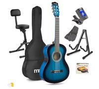Max SoloArt Junior Acoustic Guitar 3/4 Complete Starter Kit, Blue with Folding Guitarist Stool & Floor Stand - Perfect Beginner Classical Guitar Pack for Children & Young Players