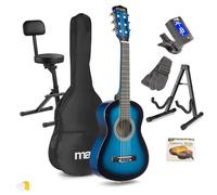 Max SoloArt Junior Acoustic Guitar Kit 1/4 Size in Blue with Foldable Guitar Stool, Padded Backrest & Universal Floor Stand - Beginner Acoustic Guitar Pack for Children