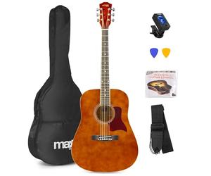 MAX SoloJam Acoustic Guitar Starter Kit - Dark Natural Western Beginner Bundle with 6 Months Lessons, Picks, Strap, Bag - Ideal Set for Learning Acoustic Guitar