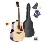 Max SoloJam Acoustic Guitar Starter Kit with String Cleaner, Beginner Dreadnought Pack, Steel Strings, Soft Case, Tuner, Picks, Strap, Microfibre Pad, Natural Finish, Full Bundle