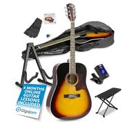 Max SOLOJAM Full-Size Steel String Acoustic Guitar & Foot Rest - Sunburst | 4/4 dreadnought, 6-string beginner guitar, 4-position footrest for seated practice, A-frame stand, tuner and gig bag