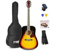 Max SOLOJAM Full-Size Steel String Acoustic Guitar Starter Kit - Sunburst | 4/4 dreadnought, 6-string guitar for beginners, bright tone for pop and country, clip-on tuner, gig bag and strap