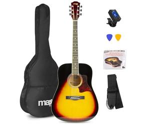 Max SOLOJAM Full-Size Steel String Acoustic Guitar Starter Kit - Sunburst | 4/4 dreadnought, 6-string guitar for beginners, bright tone for pop and country, clip-on tuner, gig bag and strap