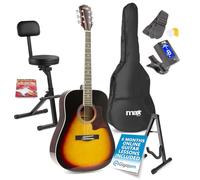 Max SOLOJAM Full-Size Steel String Acoustic Guitar with Stool - Sunburst | 4/4 dreadnought, 6-string guitar for beginners, height-adjustable padded stool with backrest, guitar stand and gig bag