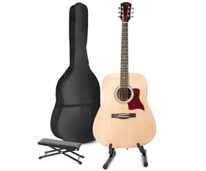 Max SoloJam Natural Acoustic Guitar Package - Complete Starter Kit for Beginners with Guitar Stand, Foot Stand, and 6 Months of Lessons - Perfect Beginner Guitars