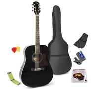 Max SoloJam Western Acoustic Guitar Starter Pack with String Cleaning Tool - Full Size Steel String Dreadnought Beginner Kit, Gig Bag, Tuner, Picks, Accessory Set, Microfibre Cleaner, Black Finish