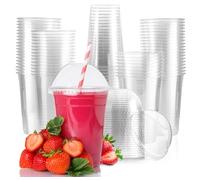 MAX SOLUTIONS Plastic Smoothie Cups with Dome Lids Iced Coffee Milkshakes Slushy Bubble Tea Reusable Clear Plastic Cups Disposable Hand Washable (10, 12oz (350ml))