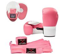 Max Strength Boxing Gloves and Pads Set, Hook and Jab Curved Focus Mitts with Punching Gloves for MMA, Muay Thai, Kickboxing Coaching, Martial Arts, Punching Hand Target (10oz, Pink/White)